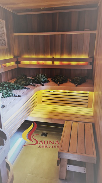 Saunabank, Salzsteine in der Sauna, Salz in der Sauna, Kanadische Zeder, LED-Leuchten in der Sauna, Saunapaneele, Saunalichter